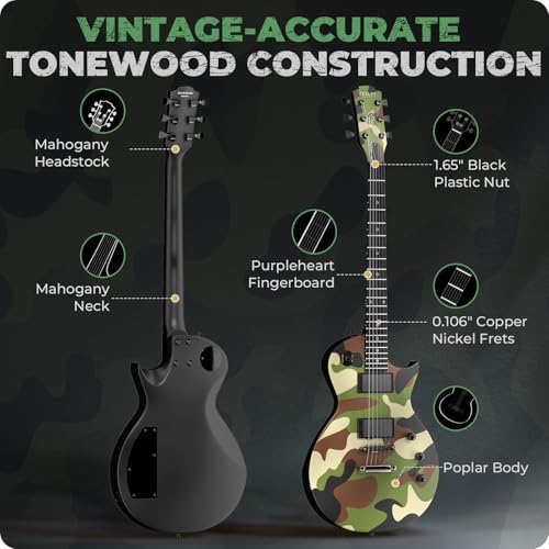 39" Solid Body Electric Guitar with Humbucker Pickups, Poplar Body, Mahogany Neck, 22 Frets, 6 String, Gig Bag, Matte, Camouflage N7967