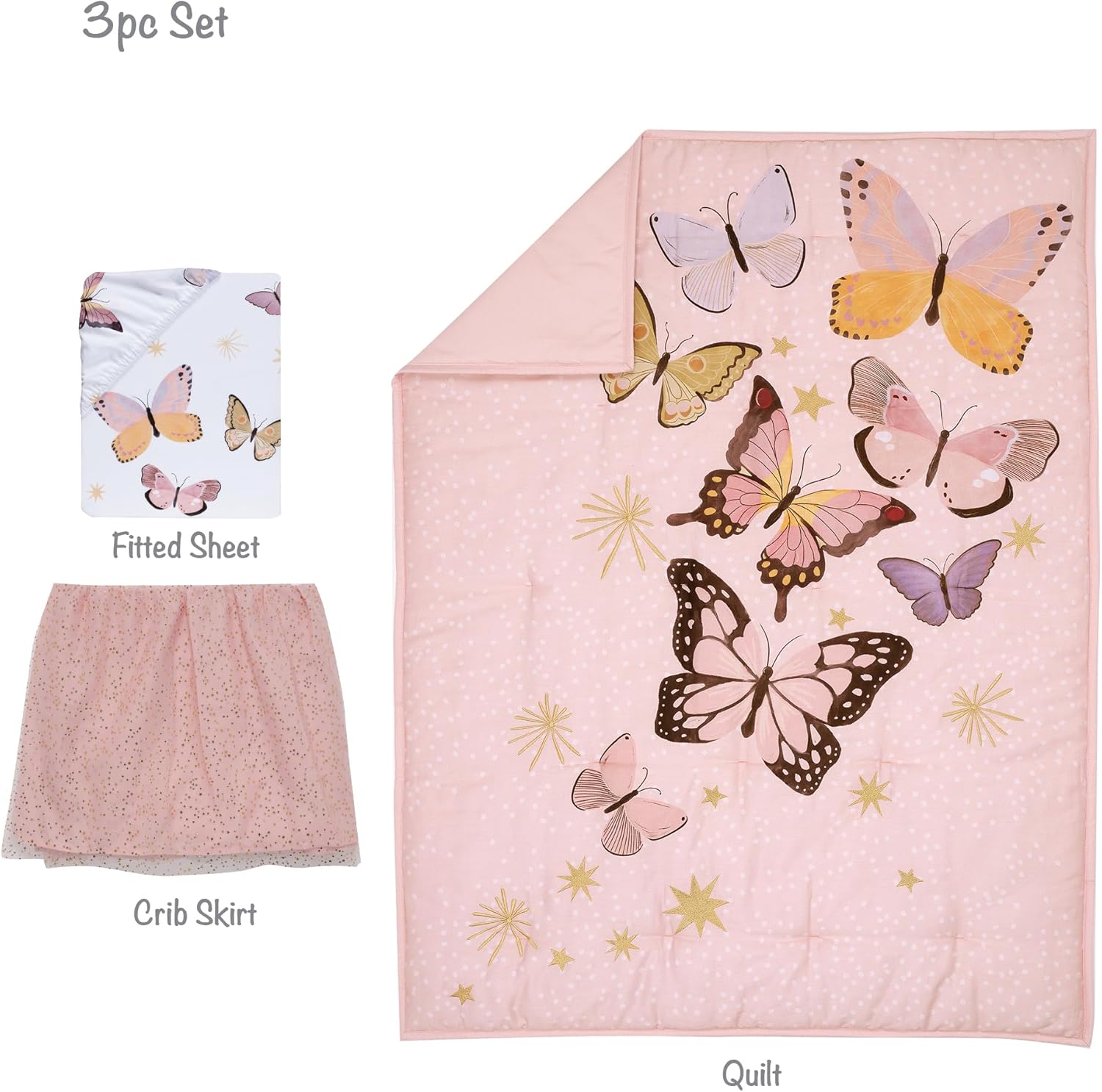 Pink/Gold 3-Piece Nursery Baby Crib Bedding Set J6932