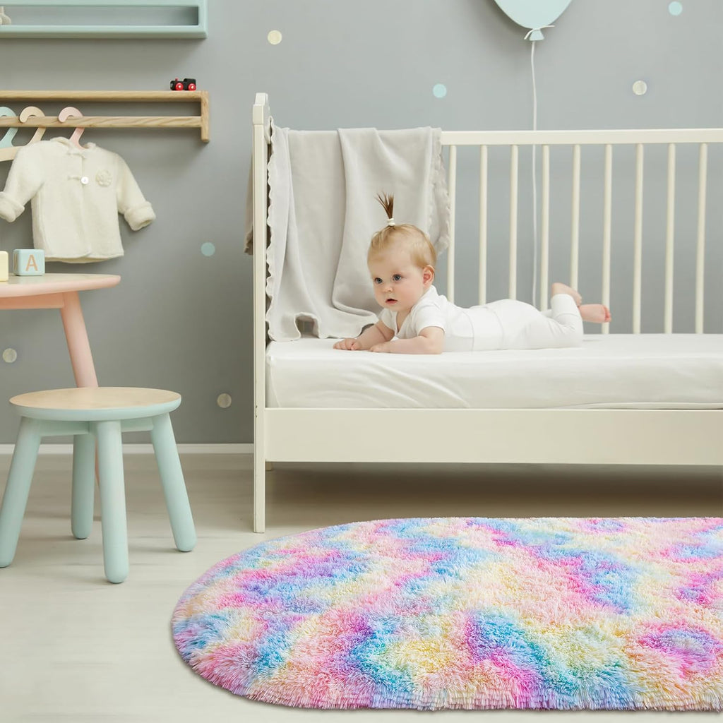 Grey & Rainbow Shag Oval Area Rug Set of 2 I4084