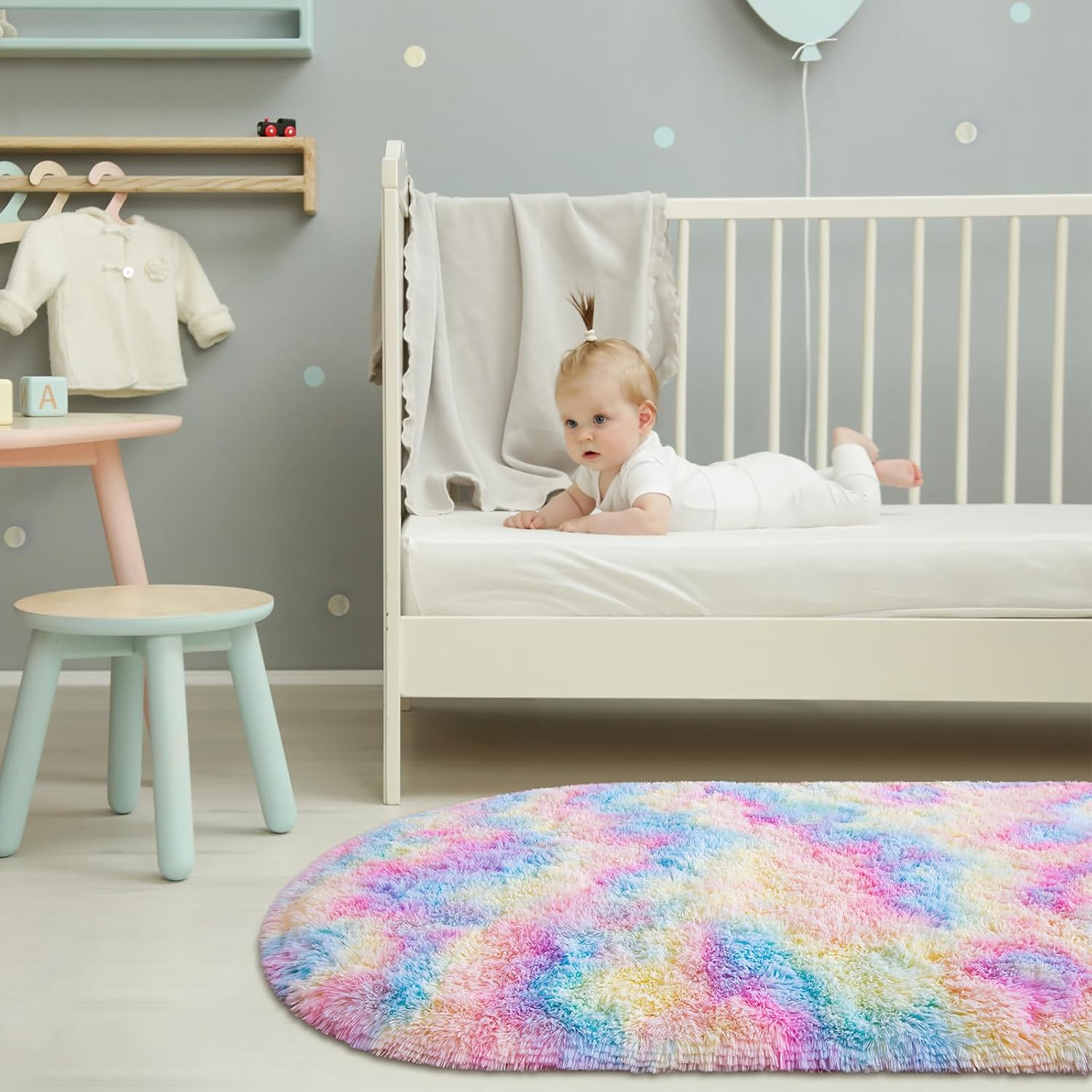 Grey & Rainbow Shag Oval Area Rug Set of 2 I4084