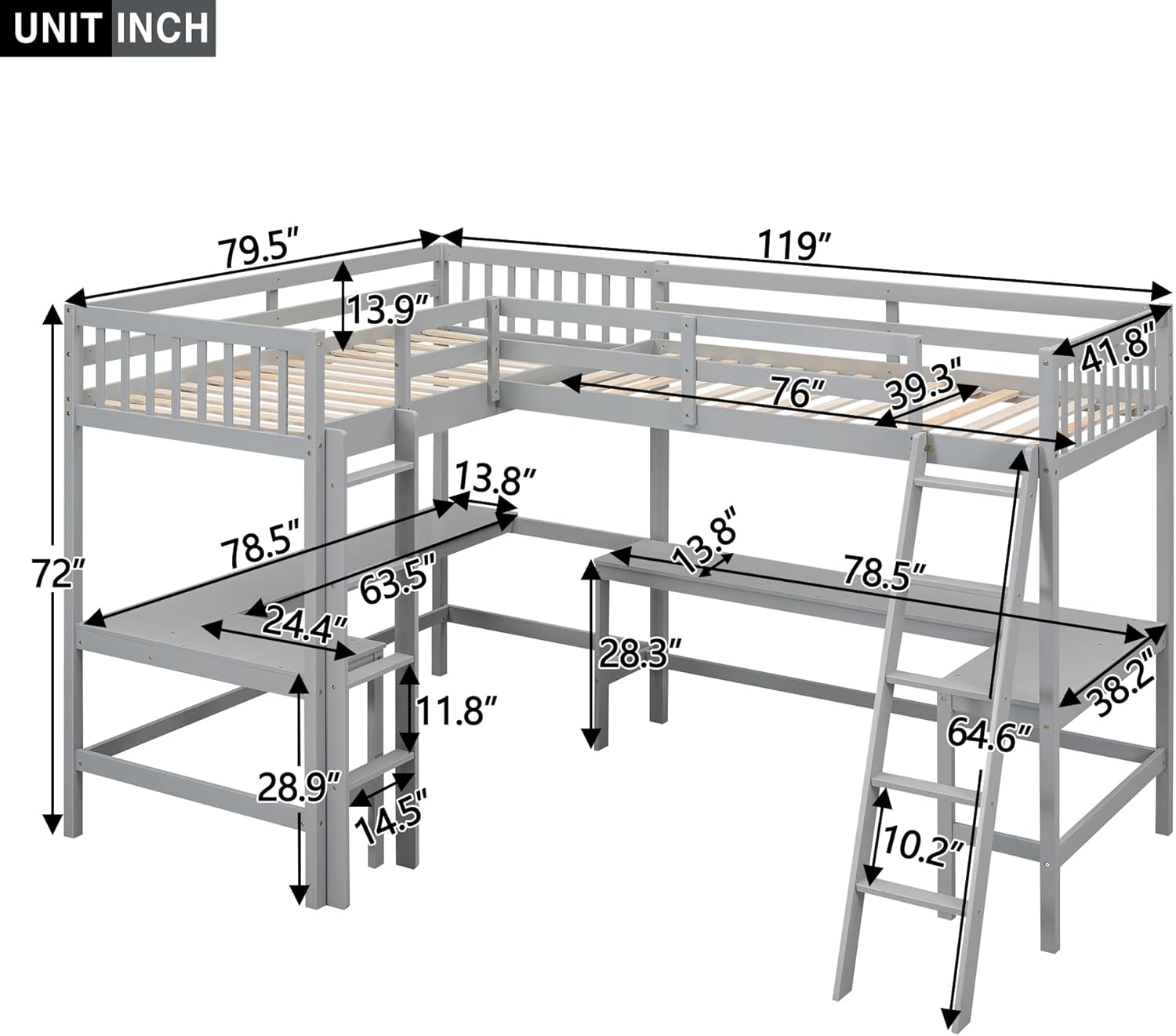 Gray Wooden L-Shaped Double Twin Size Loft Bed Frame with 2 Built-in Desks and Ladder E654