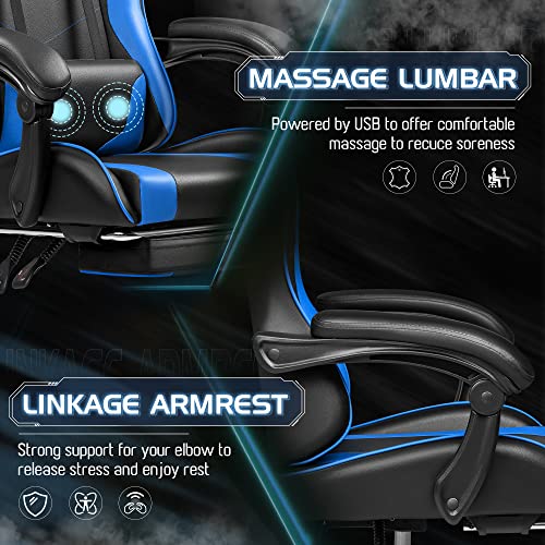 Blue Ergonomic Gaming Chair with Footrest and Massage Lumbar Support B22546