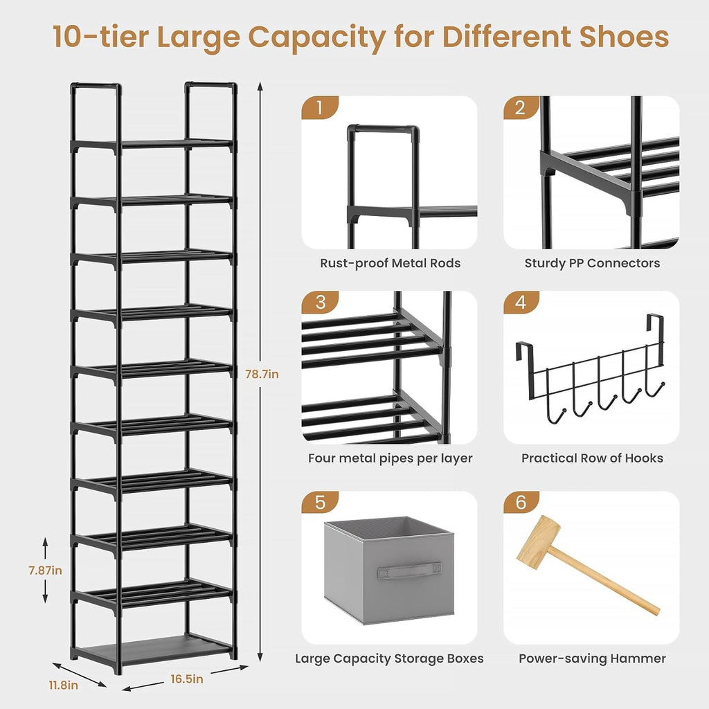 10 Tiers Metal Narrow Black Shoe Rack with 2 Boxes and 1 Hook M248643