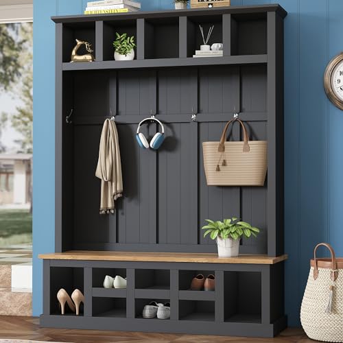 White 47.2'' Wood Hall Tree with Shoe Storage Bench O215