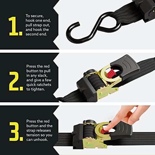 Retractable Ratchet Straps, 2 Pack (1 inch x 10 feet) - Black Ratchet Strap Tie Downs L9596