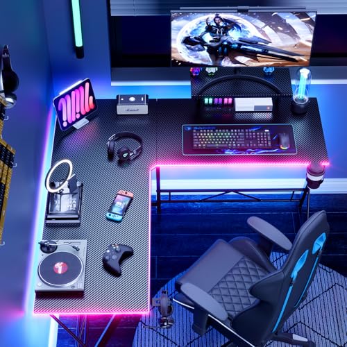 Black 51 Inch L Shaped Gaming Desk with LED Lights C27319