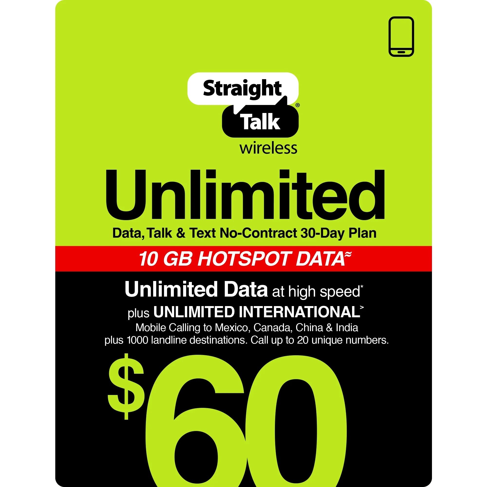 Unlimited International 30-Day Prepaid Plan + 10GB Hotspot Data e-PIN Top Up E295