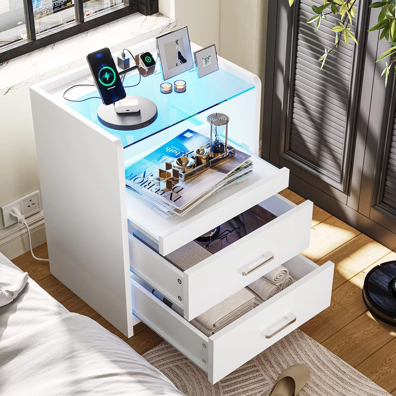 White LED Nightstand with 2 Drawers and Pull-Out Shelf Z37050