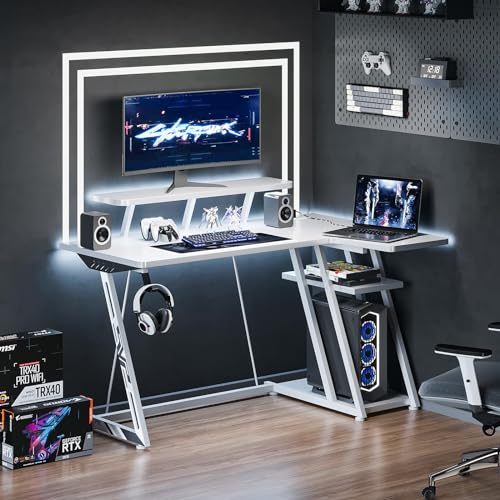 Black 55 Inch L Shaped Gaming Desk with LED Lights I4145