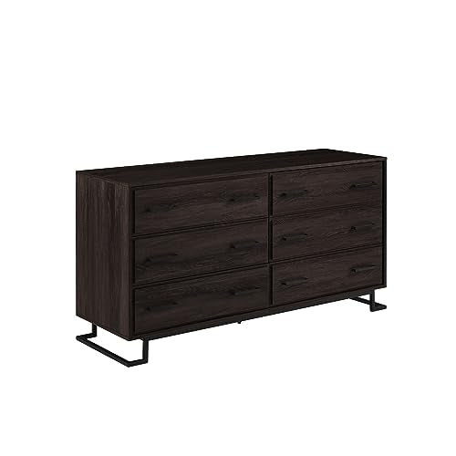56 Inch Coastal Oak 6-Drawer Metal and Wood Dresser R60909