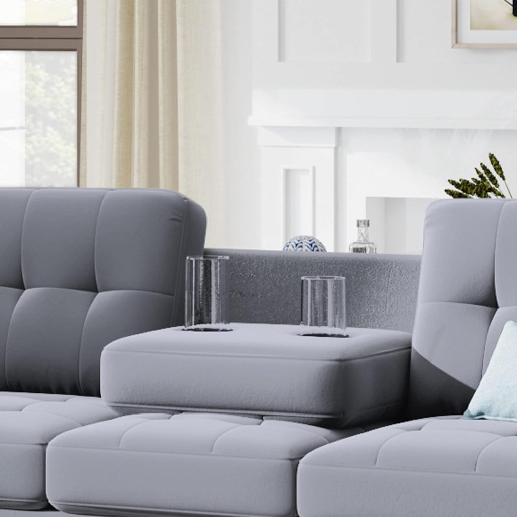Linen Upholstered L Shaped Sofa Set with Ottoman Storage, Light Gray N2265