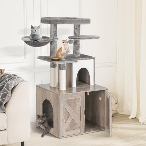White Wooden Cat Litter Box Enclosure with Cat Tree Tower and Condo Y530