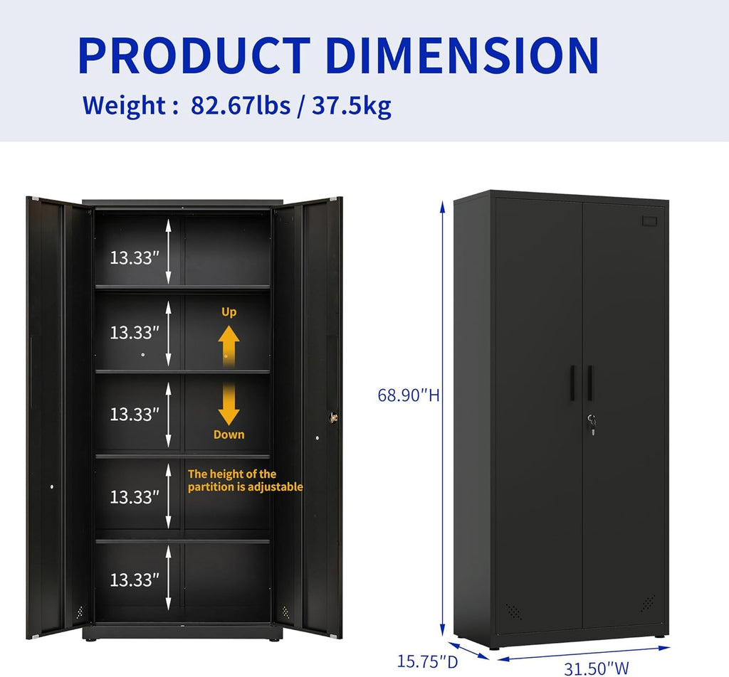 Metal Garage Storage Cabinet, Tall Locking Steel Storage Cabinet with 2 Doors and 4 Adjustable Shelves O46872