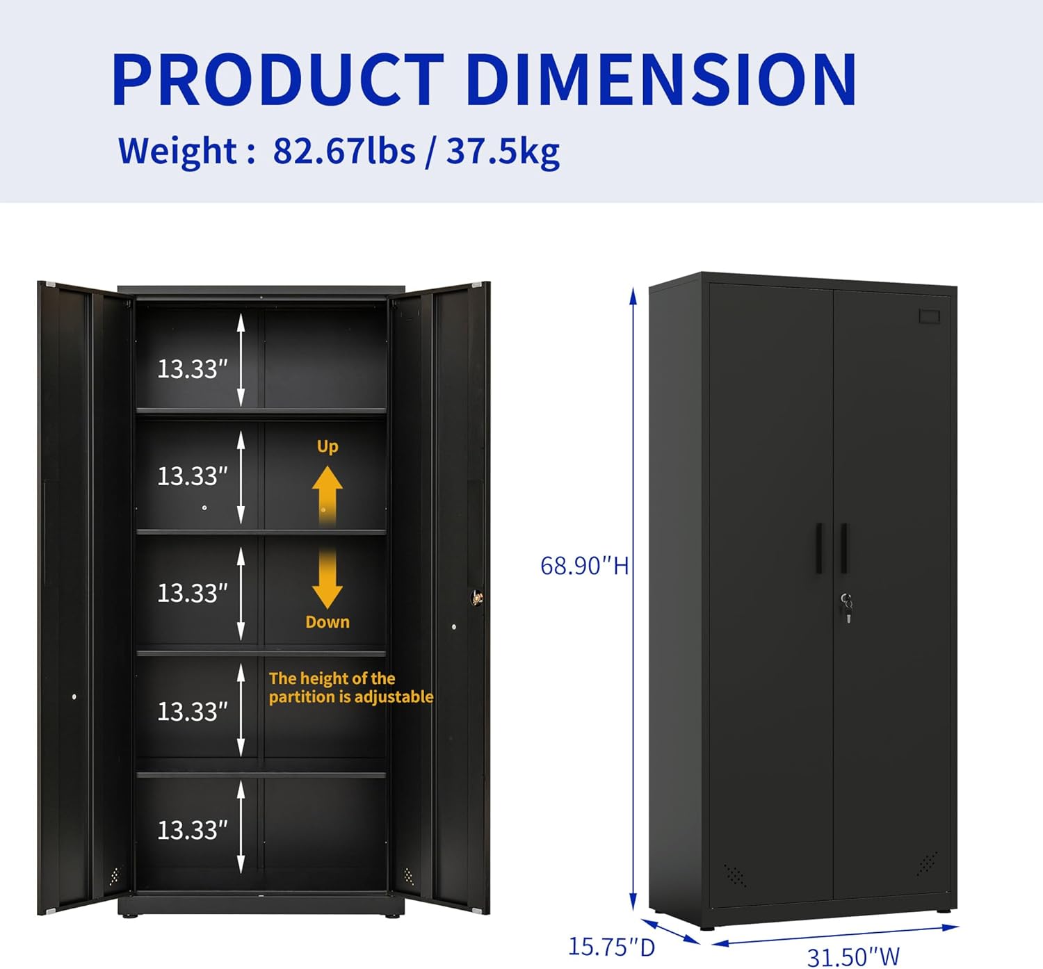 Metal Garage Storage Cabinet, Tall Locking Steel Storage Cabinet with 2 Doors and 4 Adjustable Shelves O46872