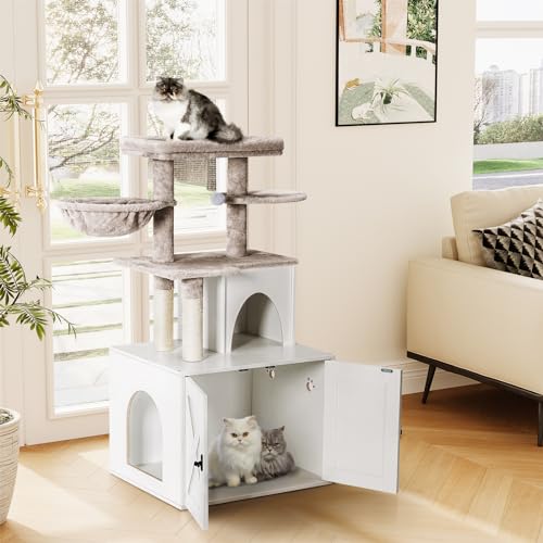 White Wooden Cat Litter Box Enclosure with Cat Tree Tower and Condo Y530