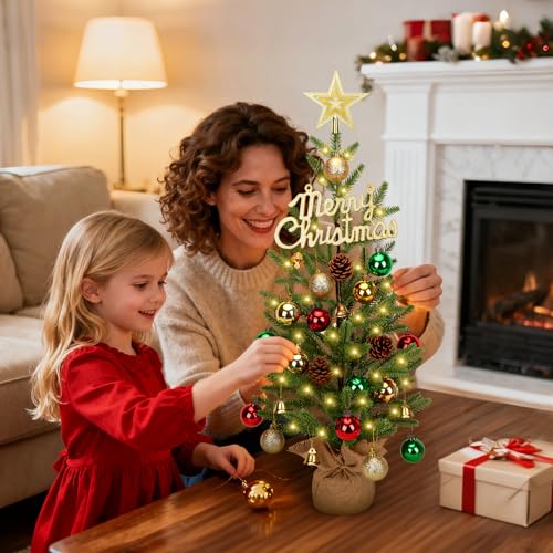 24-inch Mini Christmas Tree with 30 LED Lights & 26 Ornaments, PE Branch Tips & Cement Base E893929