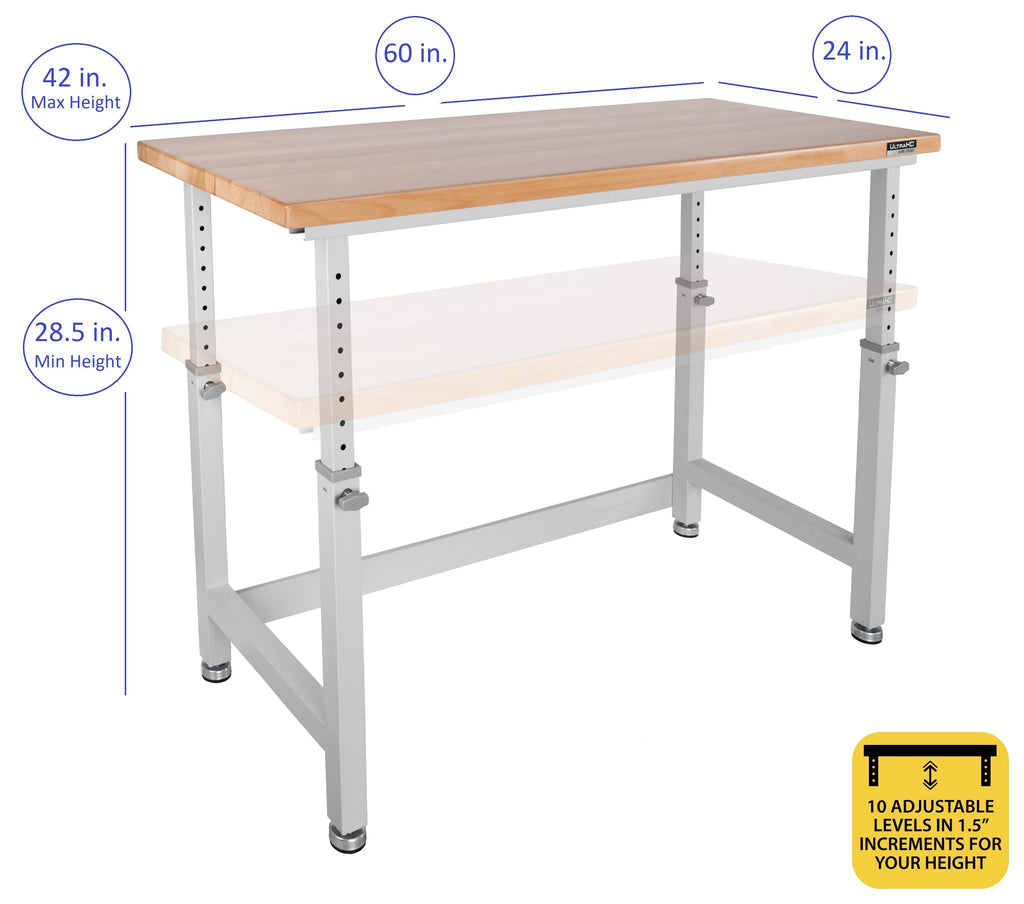 Heavy Duty Workbench Table with Solid Wood Top, 60" W x 24" D x 28.5" to 42" High I3841
