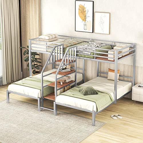 Full-Over-Twin-Twin Solid Wood Triple Bunk Bed with Wardrobe and Mirror (Grey) O3292