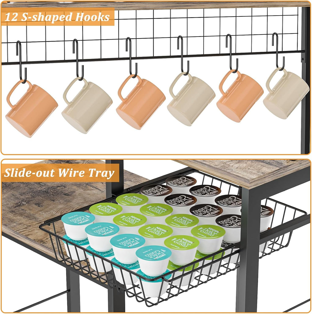 35.8" Large Farmhouse Coffee Station with 12 Hooks and Pull-Out Wire Basket, Coffee Bar Cart Table with Storage Shelves Rustic Brown G2373