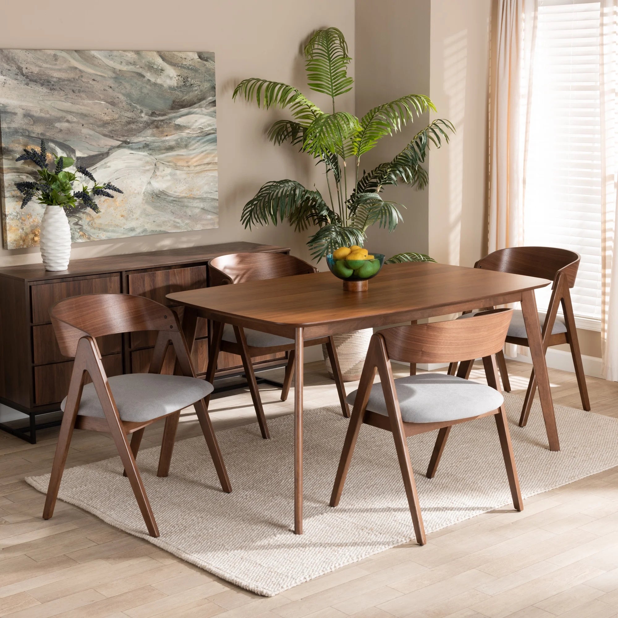 Grey Fabric Upholstered and Walnut Brown Finished Wood 5-Piece Dining Set B705990