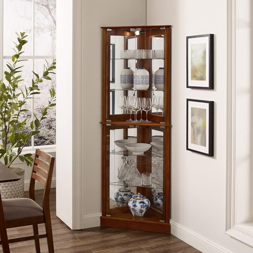 Walnut Glass Corner Curio Cabinet with Lights Z25335
