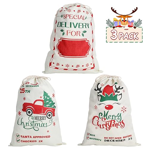 3Pack Christmas Santa Burlap Sacks with Drawstring 26" x 19" Large Q859553