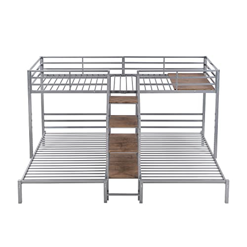 Full-Over-Twin-Twin Solid Wood Triple Bunk Bed with Wardrobe and Mirror (Grey) O3292