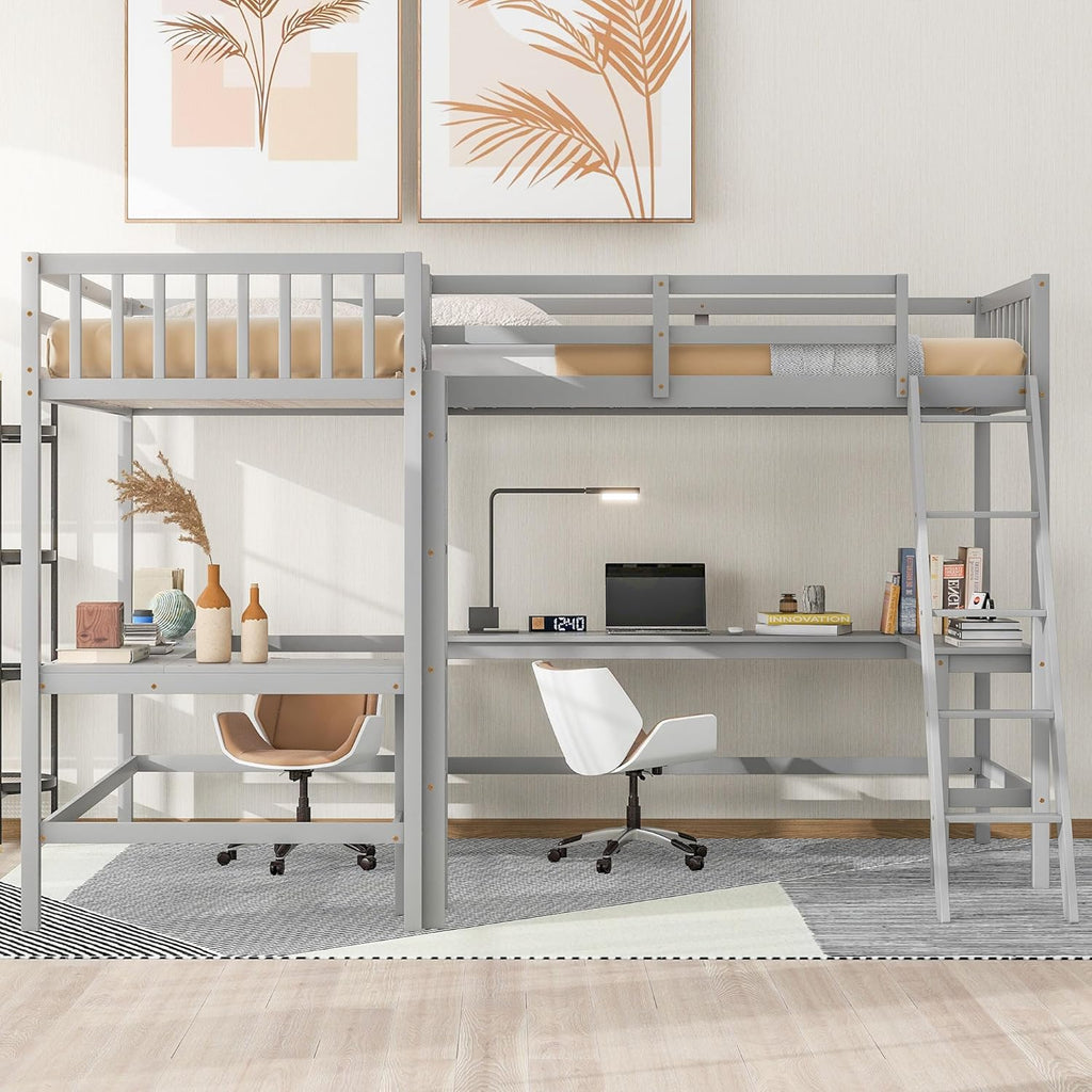 Gray Wooden L-Shaped Double Twin Size Loft Bed Frame with 2 Built-in Desks and Ladder E654