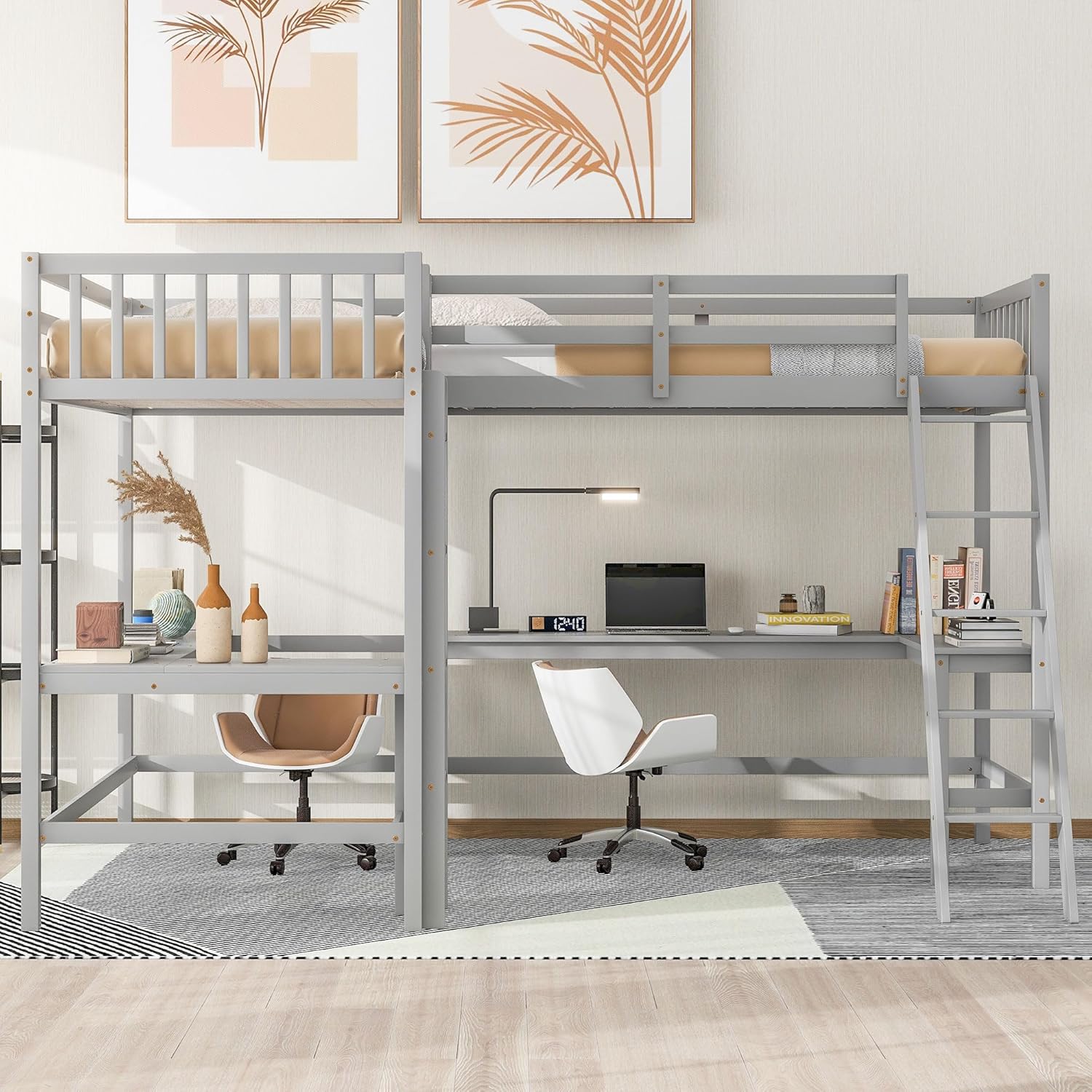 Gray Wooden L-Shaped Double Twin Size Loft Bed Frame with 2 Built-in Desks and Ladder E654