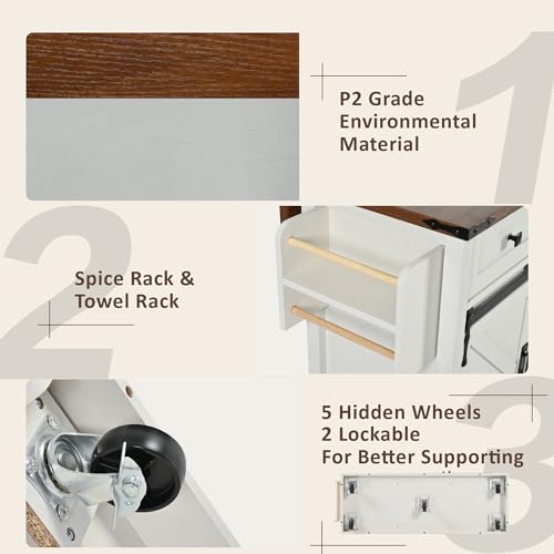 Rustic Kitchen Island With Power Outlet, Sliding Barn Doors, Drop Leaf, Drawers and Spice Rack H231543