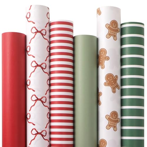 6 Rolls Kraft Christmas Wrapping Paper with Snowflake/Tree/Red Stripe/Merry Christmas Pattern, 17 inch x 120 inch Per Roll P58520