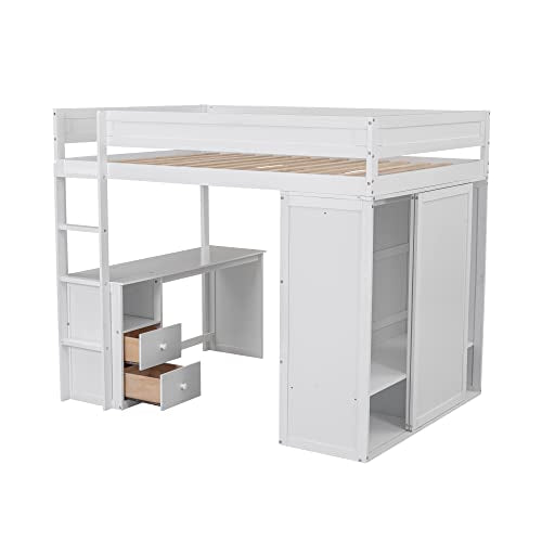 White Wooden Loft Bed with Storage Wardrobe and Desk C954