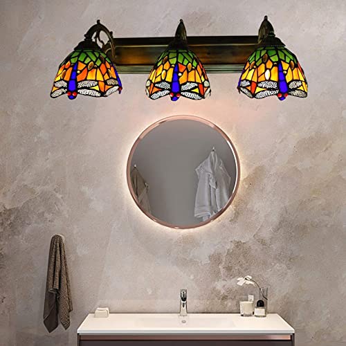 Tiffany Victorian Wall Sconce, 3-Light Vanity Light Fixtures Stained Glass Lampshade Dragonfly Over Mirror Lamp S678901