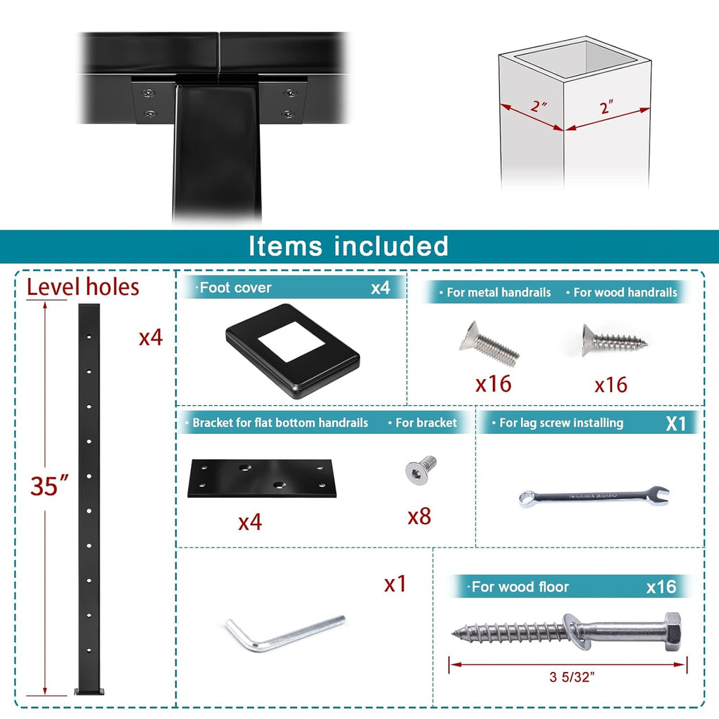 4Pack 36''x2''x2'' Black Square Weldless Stainless Steel Pre-Drilled Cable Railing Post Q3519