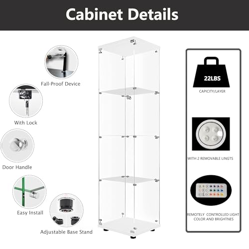 4-Tier Glass Display Cabinet with Metal Lock, 5mm Tempered Glass, 16.7" W x 14.3" D x 64.5" H W1986