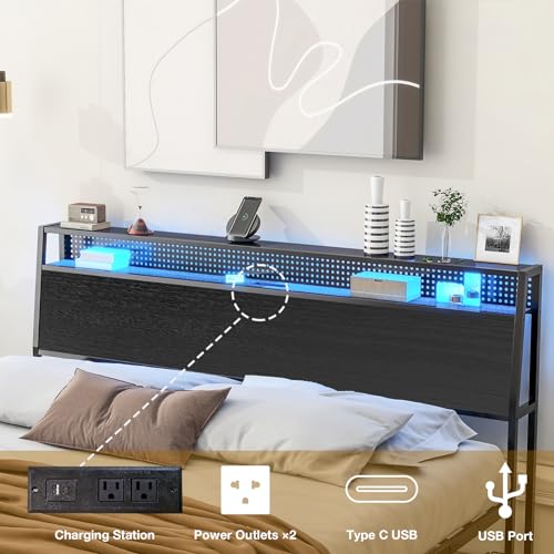 Queen Bed Frame with LED Lights, Metal Platform Bed Frame with 4 Storage Drawers, Tall Bookcase Headboard and Charging Station, Black D867