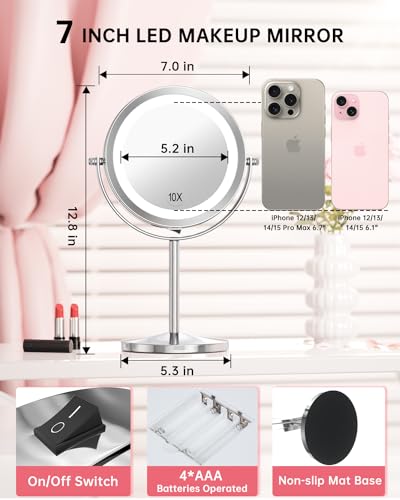1x/10x Magnifying Lighted Makeup Mirror Double Sided Round Swivel 7 Inch A7150