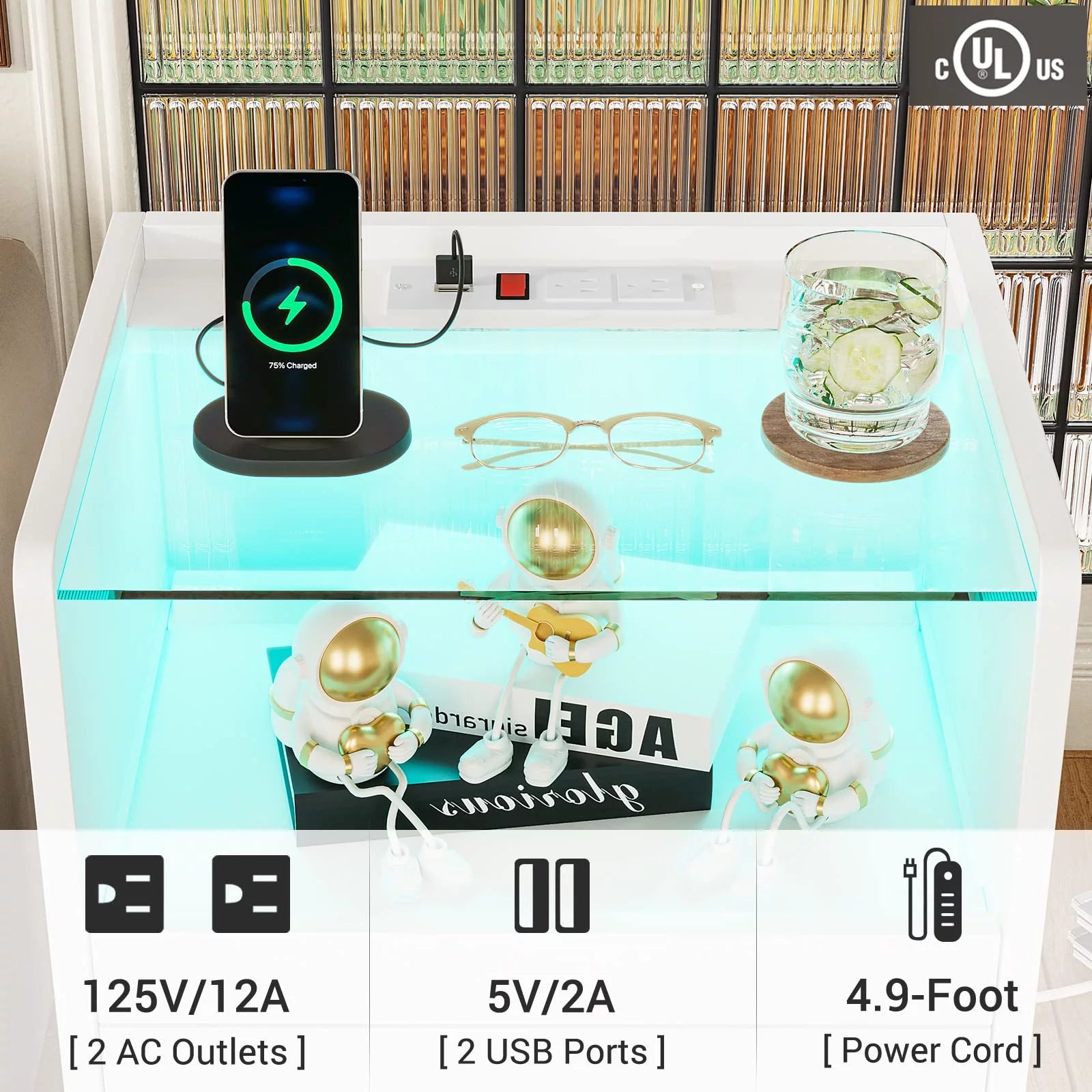 White LED Nightstand with 2 Drawers and Pull-Out Shelf Z37050