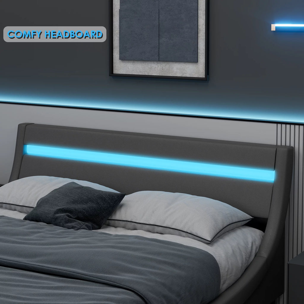 Gray Queen Size Led Bed Frame with Adjustable Upholstered Headboard H770