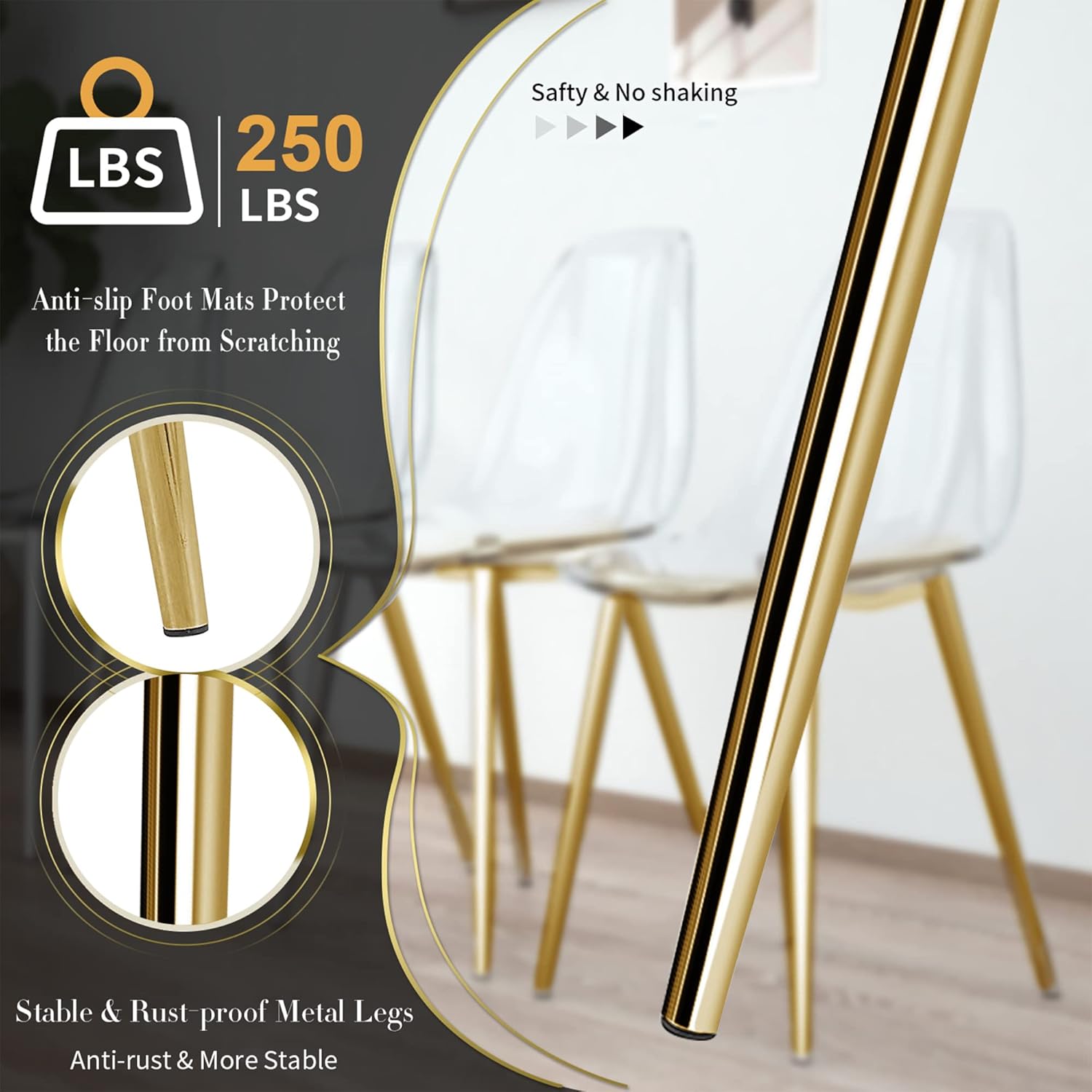 Gold Round Glass 7 PCS Dining Table Set with Clear Acrylic Chair U3620