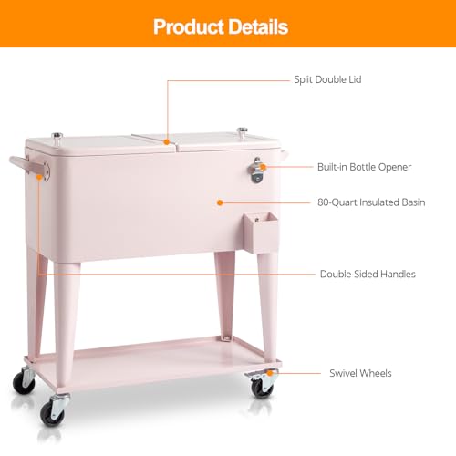 80 Quart Rolling Ice Chest on Wheels Drink Cooler Cart with Shelf R537549
