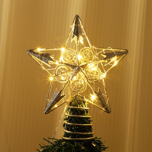Star Tree Topper with 20 LED Lights, Metal Golden Lighted Treetop Ornaments, 6.5 x 6.5 Inches T48444