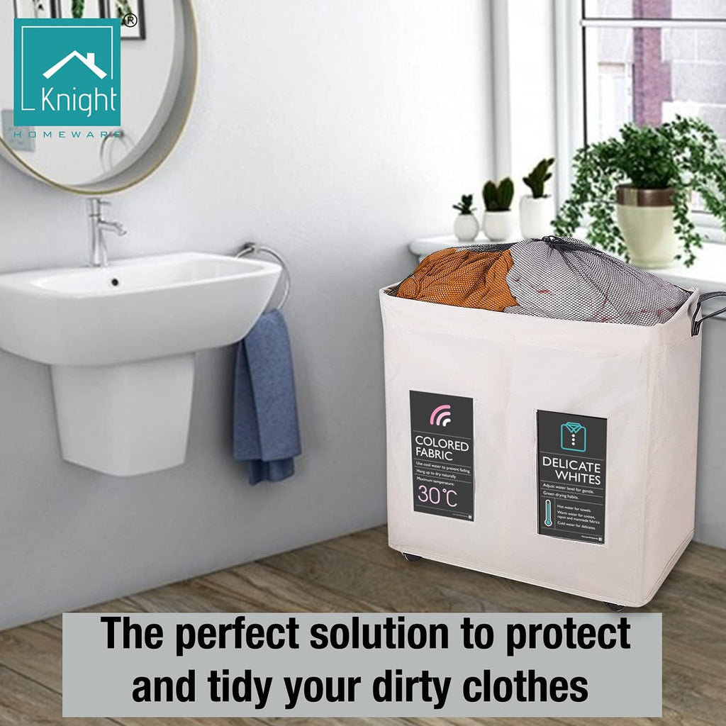 120L Collapsible Laundry Basket with Wheels, 2 Section, Mesh Cover, Handles, Ivory I50558
