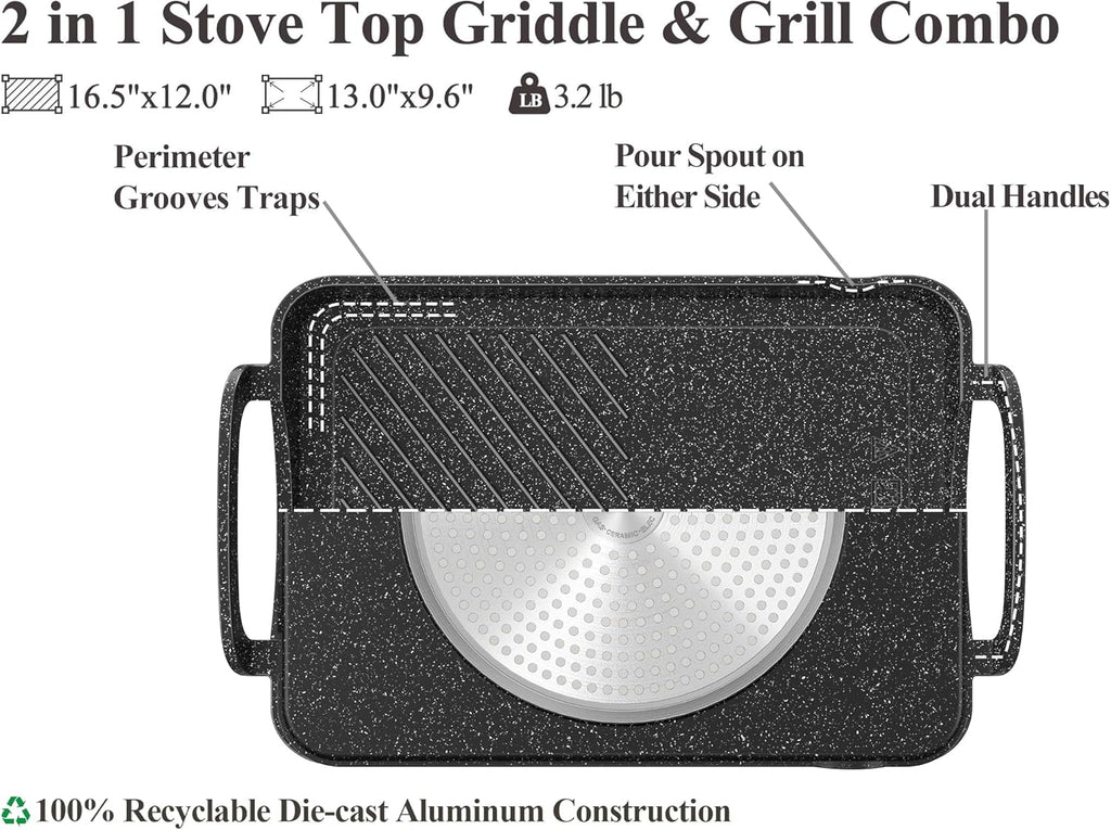 Nonstick 16.5"x12.0" Double Burner Granite Griddle Pan M6887