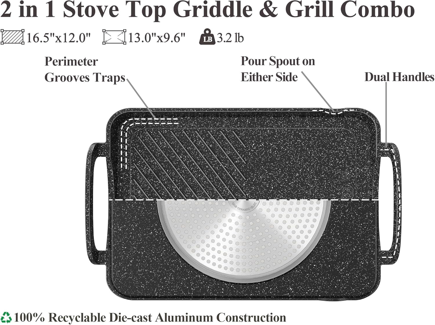 Nonstick 16.5"x12.0" Double Burner Granite Griddle Pan M6887