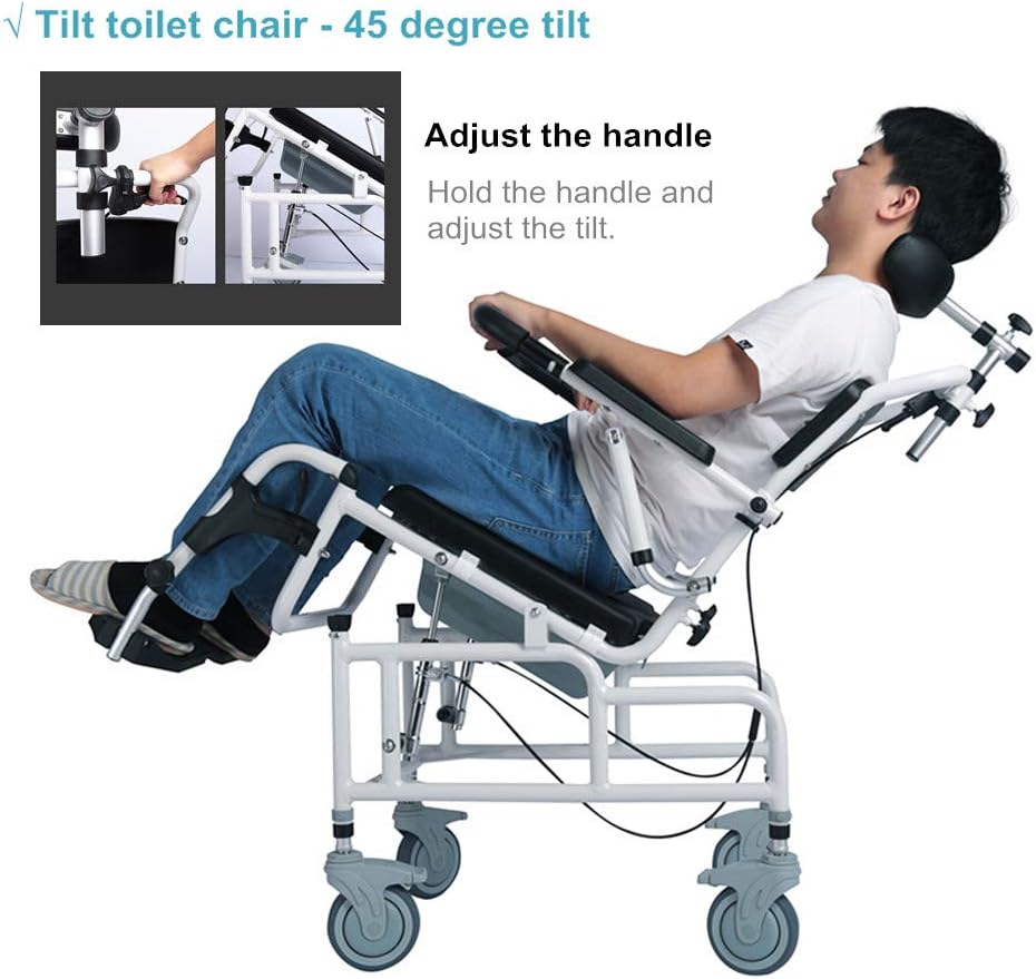 Tilt-in-Space Reclining Shower Toilet Commode Chair with Padded Seat Back Armrests L1859