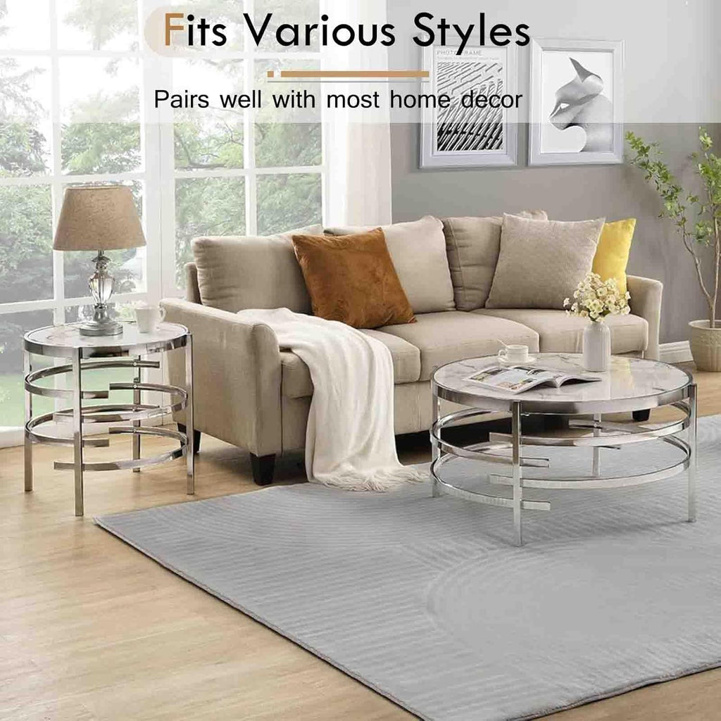 Modern Round Coffee Table with Faux Marble Sintered Stone & Silver Metal Frame B41328