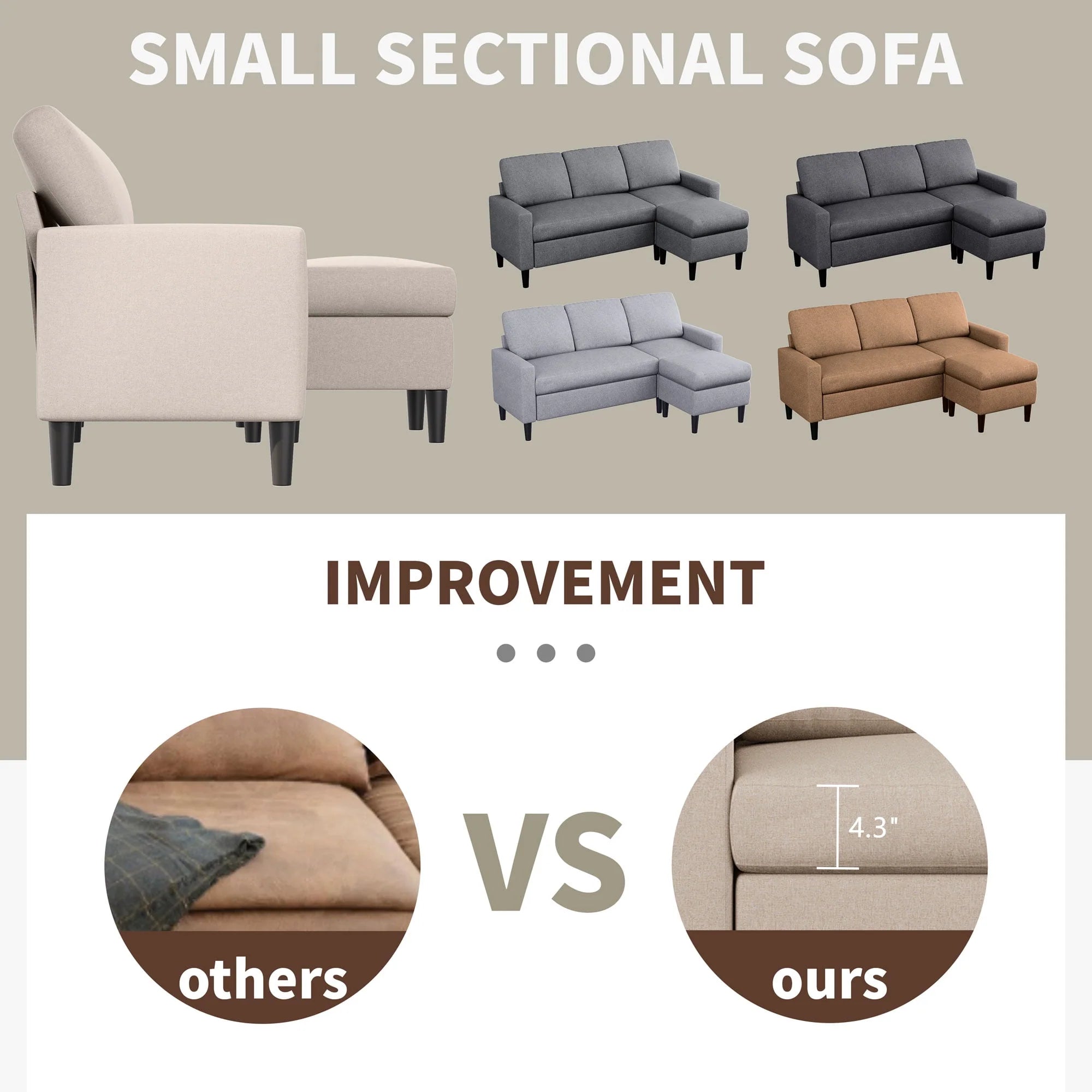 Grayish Black Linen L-Shaped Convertible Sectional Sofa V153822
