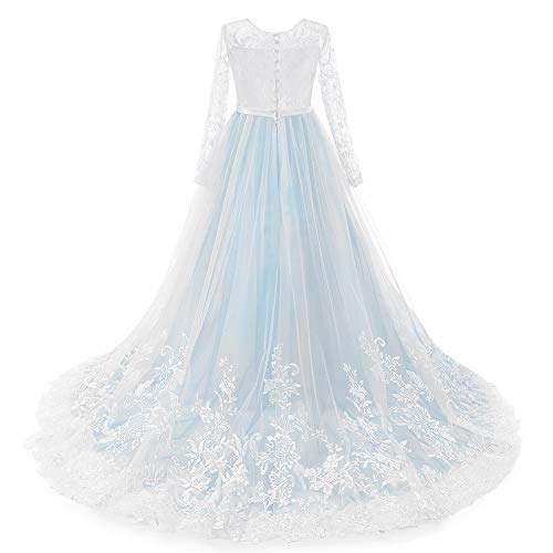 Girls Long Sleeve Lace Flower Wedding Bridesmaid Party Dresses Floor Length Tulle Ball Gown V455