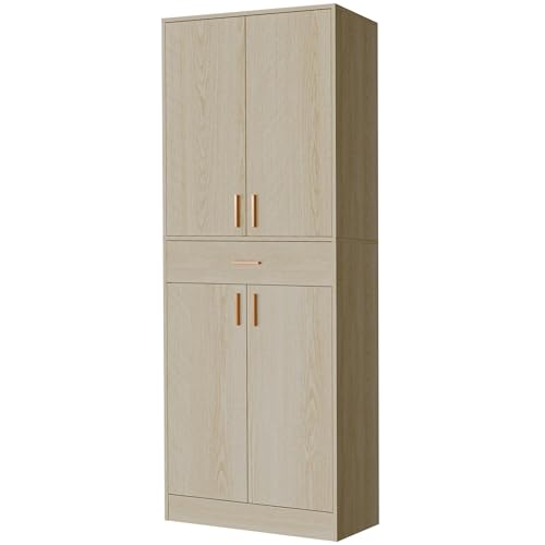 71" Tall 4 Doors Wood Freestanding Cupboard with Sliding Drawer and 2 Adjustable Shelves, Oak K5887